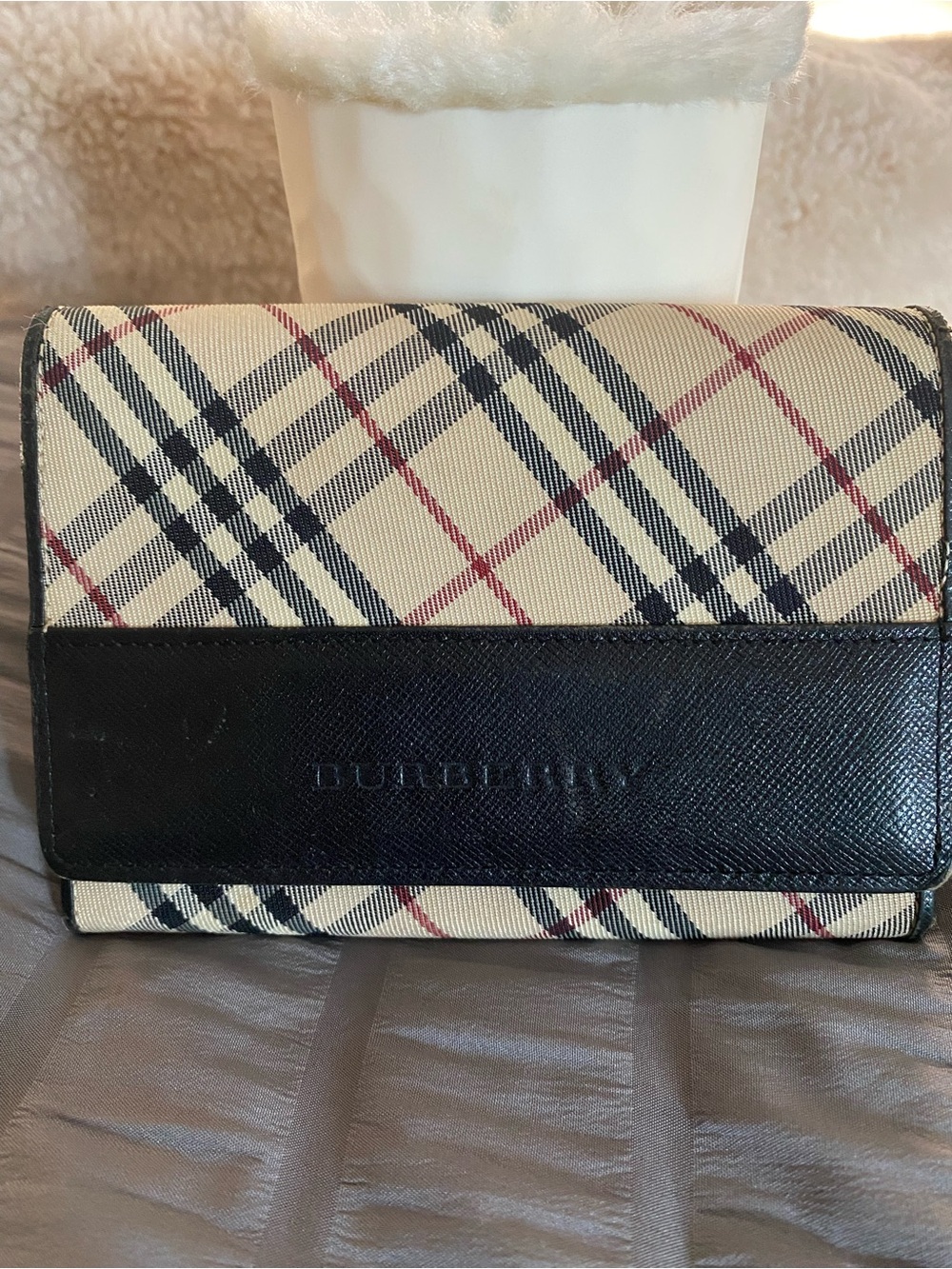 Burberry Nova Check Authentic Continental Trifold Canvas Wallet & Leather Trim